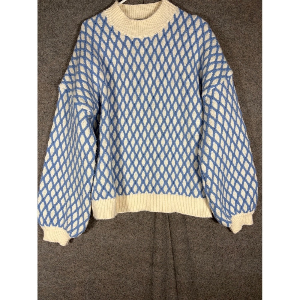 Baltic Born Blue Cream Diamond Knit Oversized Mock Neck Sweater XL Balloon